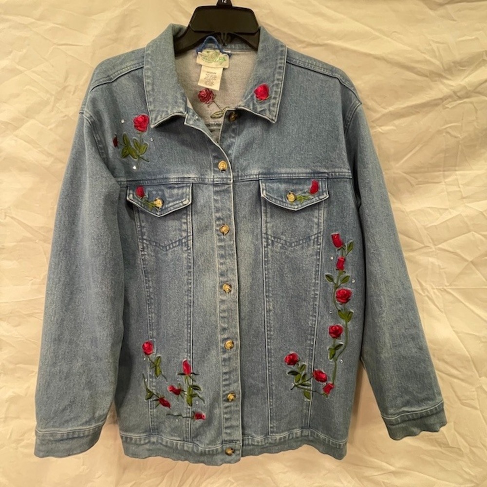 Vtg The Quacker Factory Denim Jacket M Medium Red Rose Floral Rhinestone Cottage